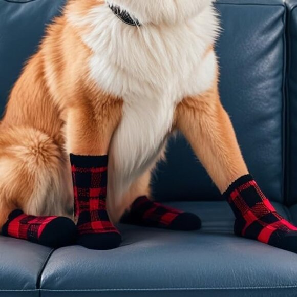 Anti-Slip Dog Socks for Large Dogs - Winter Boots for Cold Weather - Red & Black - Picture 4 of 6